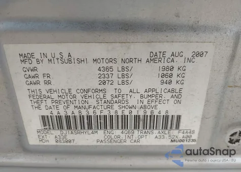 2008 Mitsubishi Galant Es from USA, damaged, VIN 4A3AB36F38E019648